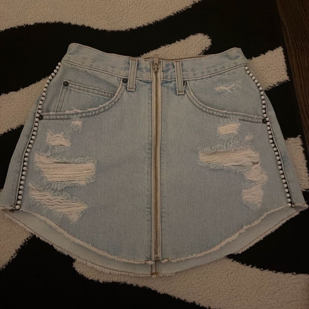 Denim Mini Skirt with Pearl Accents - Picture 2 of 2